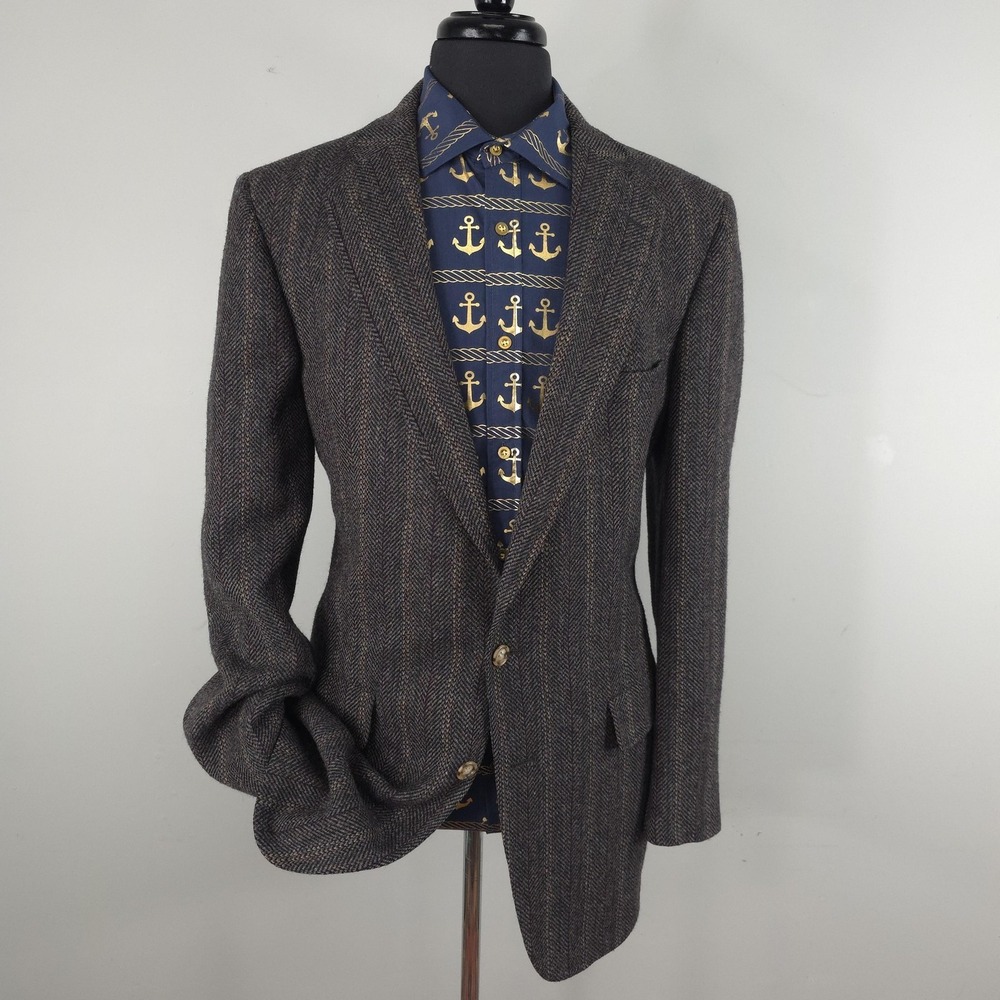 Vintage Palm Beach Blazer Mens 44L Gray Herringbone Wool Tweed Sport Coat